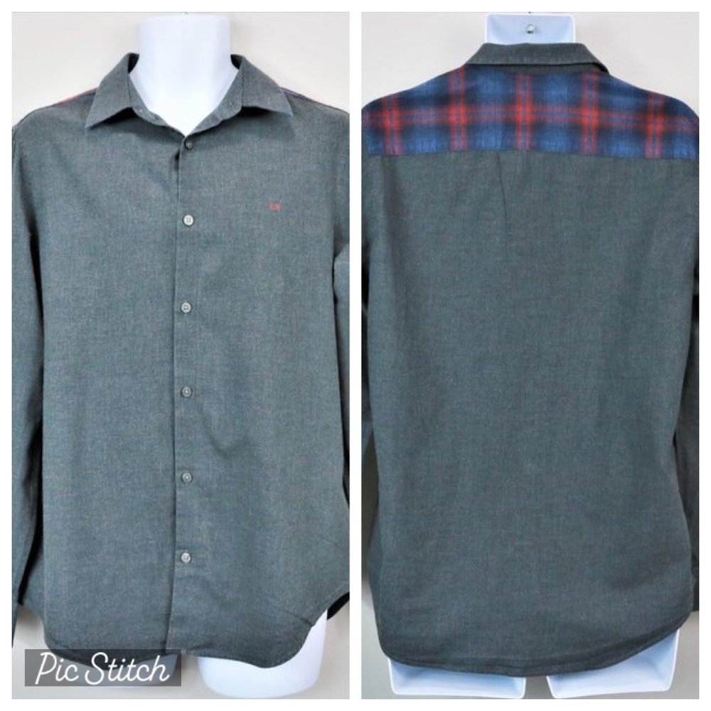 Calvin Klein Gray Button Up Long Sleeve With Red Blue Plaid Back Men’s Size M